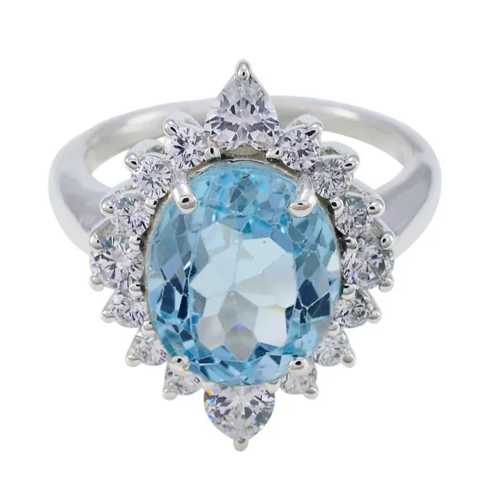 Blue Topaz Halo German 925 Silver Blue Gemstones Eye-catching Modern Ring Jewelry