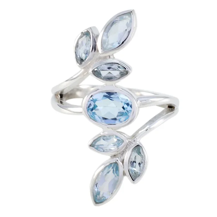 Blue Topaz Hepta Moroccan 925 Sterling Silver Blue Gemstone Classic Leafy Ring Jewelry