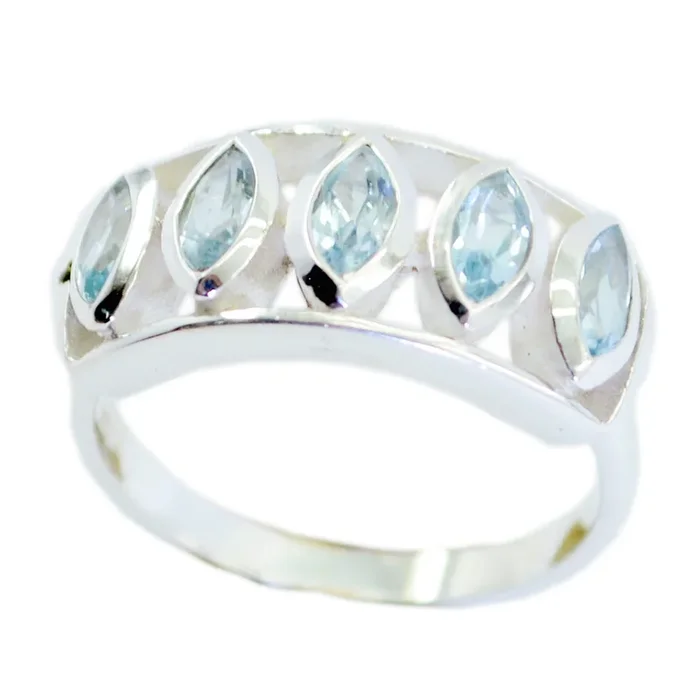Blue Topaz Penta Egyptian 925 Sterling Silver Blue Gems Slim Graceful Ring Jewelry