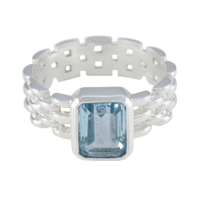 Blue Topaz Solitaire African Silver Blue Gemstone Mid-weight Art Deco Band Jewelry
