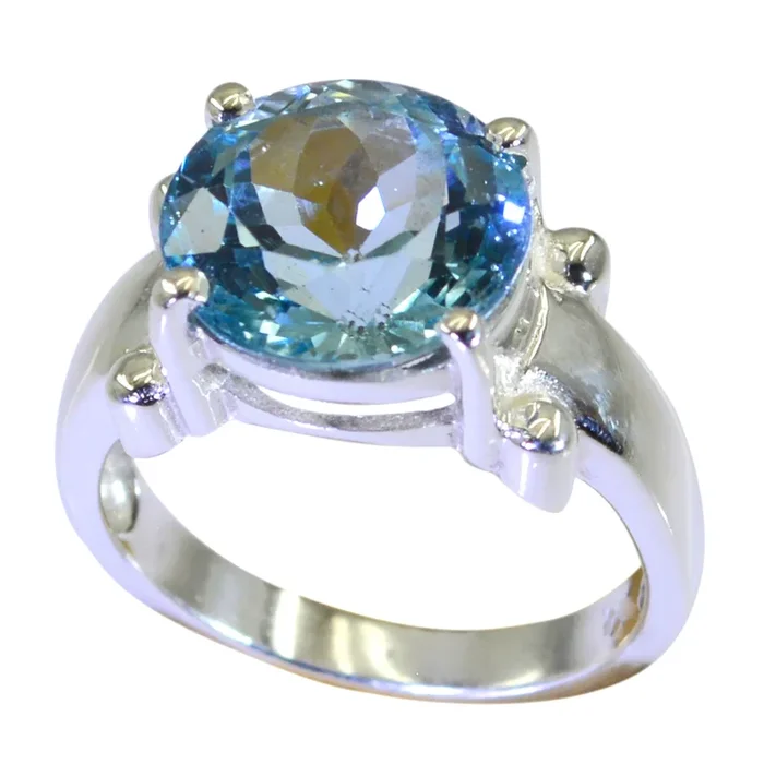 Blue Topaz Solitaire French 925 Silver Blue Gems Classic Modern Ring Jewelry