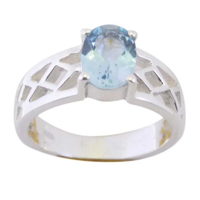 Blue Topaz Solitaire Mexican Sterling Silver Blue Gemstones Slim Rope-Wire Ring Jewellery