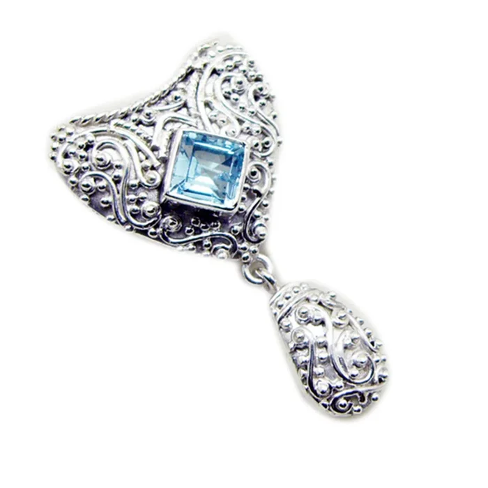 Blue Topaz Statement Egyptian Silver Solitaire Nora Rope-Wire Blue Pendant Jewelry
