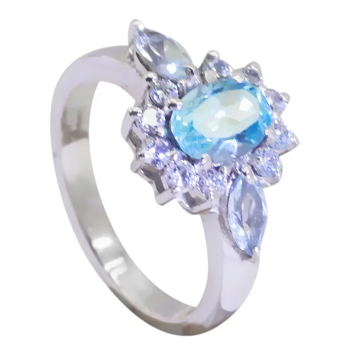 Blue Topaz Trilogy German Silver Blue Gemstone Tiny Trendy Ring Jewellery