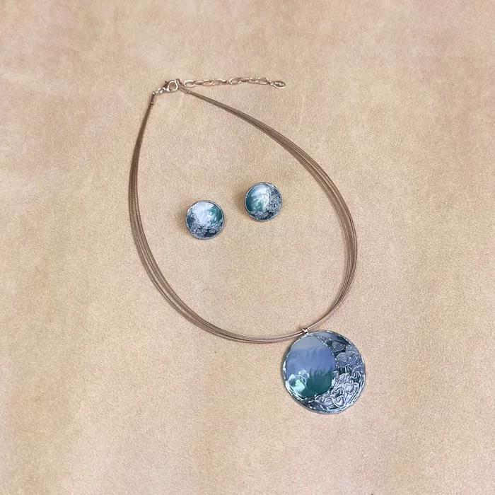 Boho Abstract Watercolor Jewelry Set, Blue, Green, Silver Moon Over the Water Statement Necklace, Monet Inspired Earrings, Unique Artsy Gift for Her