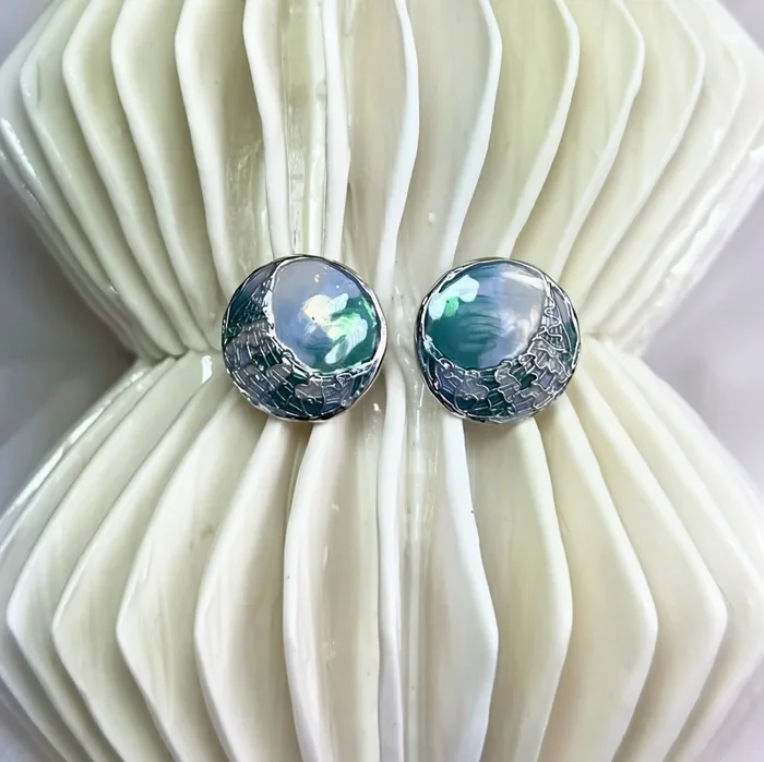Boho Abstract Watercolor Stud Earrings, Blue, Green and Silver Moon Over the Water Statement Studs, Monet Inspired Earrings, Unique Artsy Gift for Her