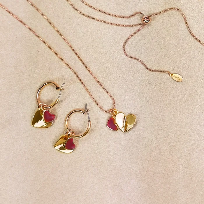Boho Endless Romance Jewelry Set, Double Heart Charm Rose Gold Statement Jewelry, Red Love Hearts Gift Set, Rose Gold Heart Gift for Girlfriend Couple