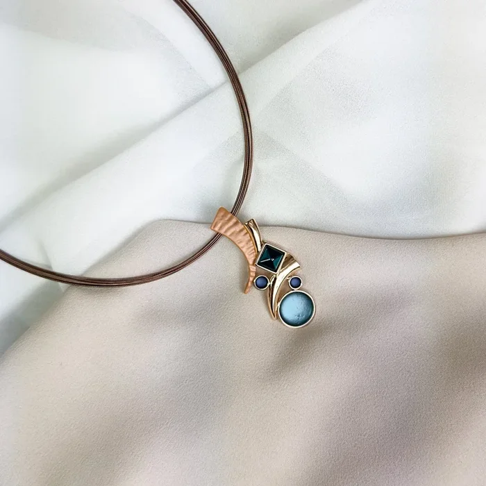 Boho Floating Mosaic Necklace, Rose Gold Statement Pendant for Women, Black and Blue Multi Shapes Custom Unique Necklace, Mother’s Day Gift for Women