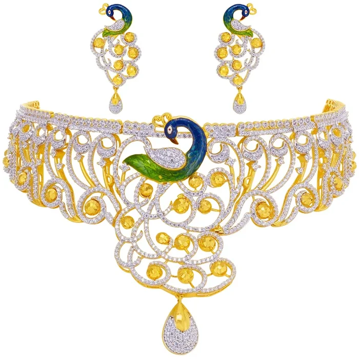 Brilliant Minakari Peacock Choker Set With CZ in 22K Gold