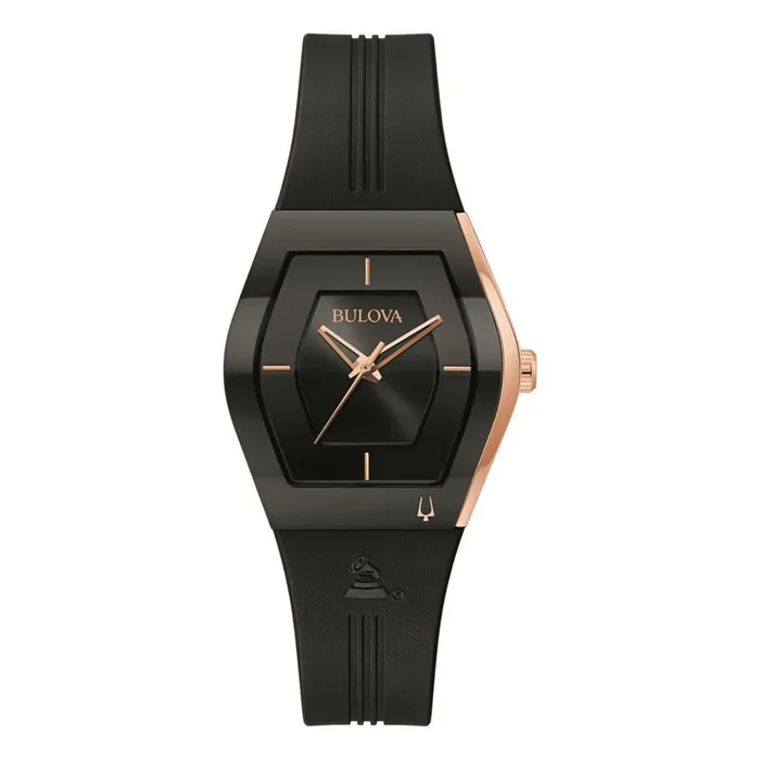 Bulova Futuro Watch with 30X35 MM Black Tonneau Dial and Silicone Strap. 97L163