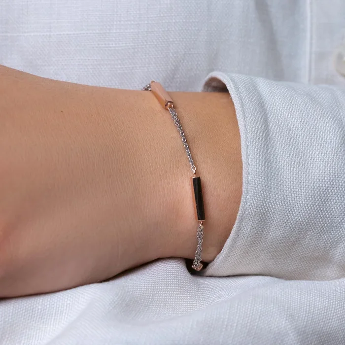 Cadena de Plata 925 Rodiada con 3 Barras Chapadas en Oro Rosa Pulsera Italiana – ITB00163RH-RGP