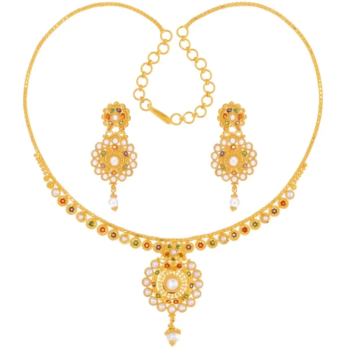 Captivating Minakari Necklace Set With Pearl in 22K Gold