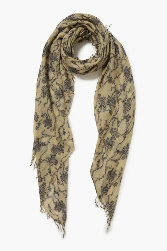 Cashmere and Silk Scarf Ecru Kantha Floral