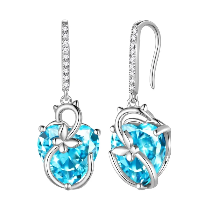 Cat Butterfly Earrings for Women 925 Sterling Silver Earrings Dangle Drop Hook Blue Heart Aquamarine March Birthstone Jewelry Mother Christmas Birthday Valentine’s Day Gifts for Mom Wife