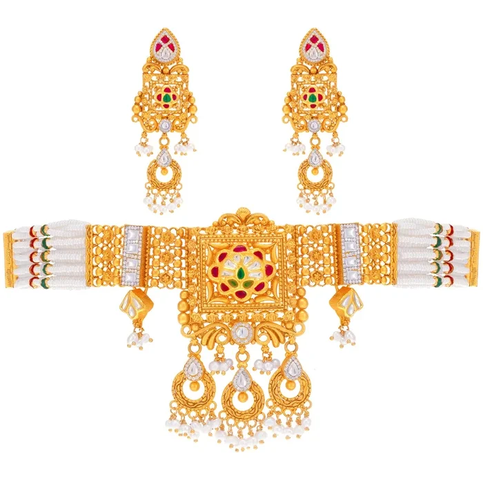 Charming Antique Choker Set With Kundan & Gemstones in 22K Gold