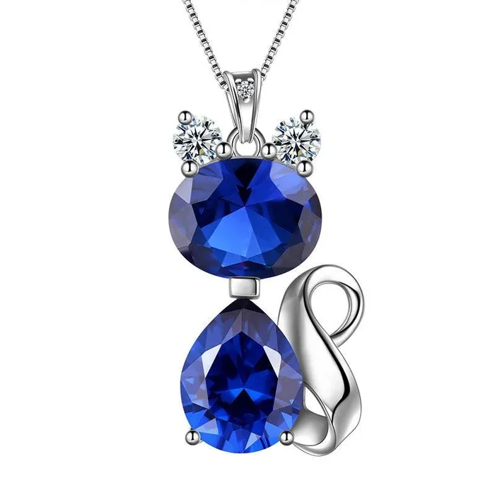Chat Pierre de Naissance Septembre Saphir Collier Femmes Filles Bijoux Cadeau d’anniversaire Argent Sterling