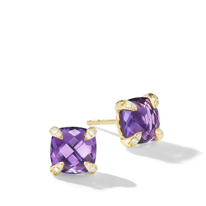 Chatelaine® Stud Earrings in 18K Yellow Gold with Amethyst and Diamonds, 8mm
