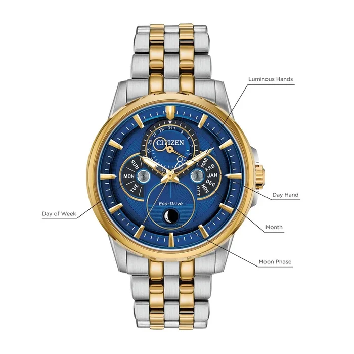 Citizen Moonphase Watch with 44MM Blue Dial and Two-Tone Stainless Steel Bracelet. BU0054-52L