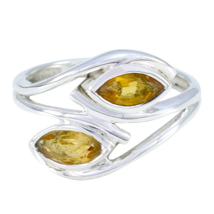 Citrine Toi et Moi Russian Silver Yellow Gemstones Slim Glamorous Ring Jewelry