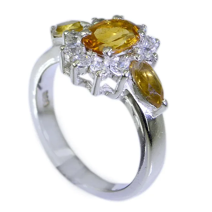 Citrine Trilogy Indian Sterling Silver Yellow Gemstones Tiny Cultural Ring Jewelry