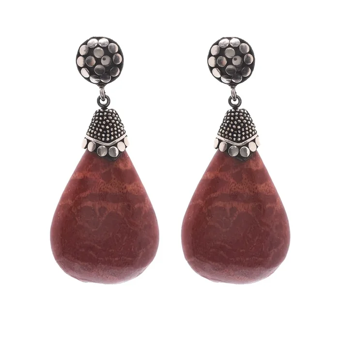 Clearance – 925 Oxidized Silver Beaded Faux Coral Tear Drop Dangle Earrings – SPE00027