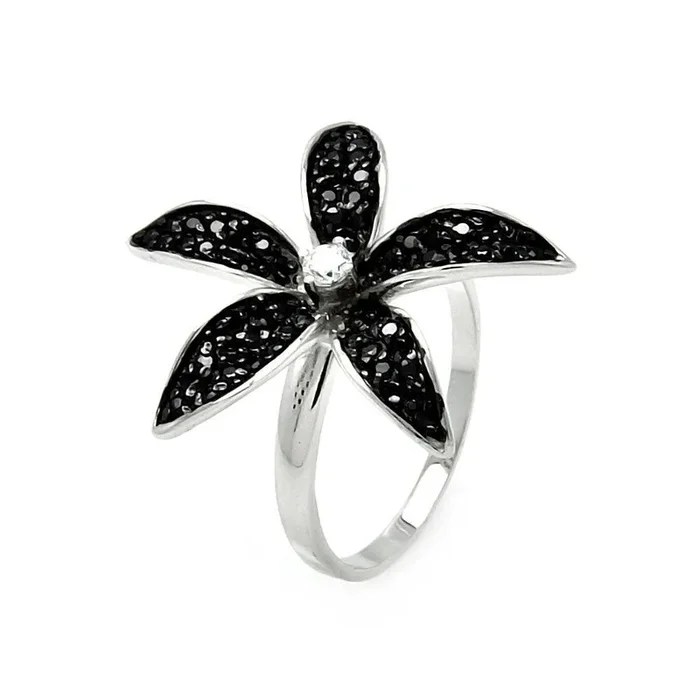 Clearance – Silver 925 Black and Silver Rhodium Plated Small Round CZ Flower Ring – STR00904