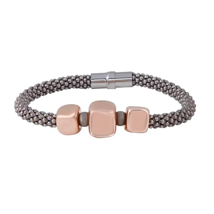 Clearance-Black Rhodium Plated 925 Sterling Silver Rose Gold Square Charm Magnetic Bracelet – SPB00012