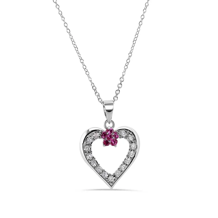 Clearance-Rhodium 925 Sterling Silver Open Heart With Flower Cubic Zirconia Necklace – BGP00226