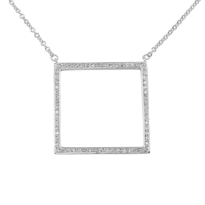 Clearance-Rhodium Plated 925 Sterling Silver Large Open Square Pendant Necklace with CZ – N000006