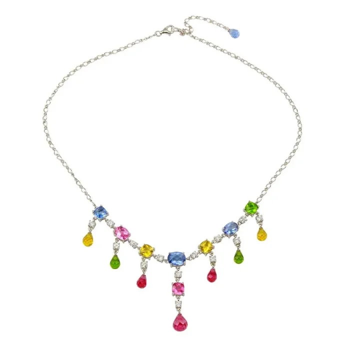 Clearance-Rhodium Plated 925 Sterling Silver Multi-colored CZ Drop Necklace – STP00334