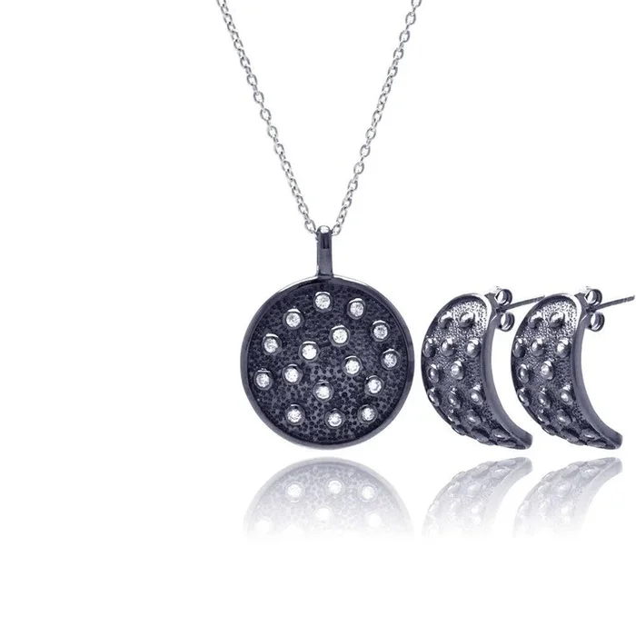 Clearance-Silver 925 Black Rhodium Plated Circle CZ Stud Earring and Necklace Set – STS00341