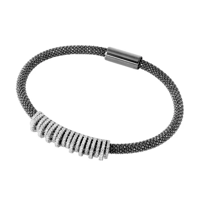 Clearance-Silver 925 Black Rhodium Plated CZ High-Low Pave Bar Italian Bracelet – ITB00152BLK-RHD