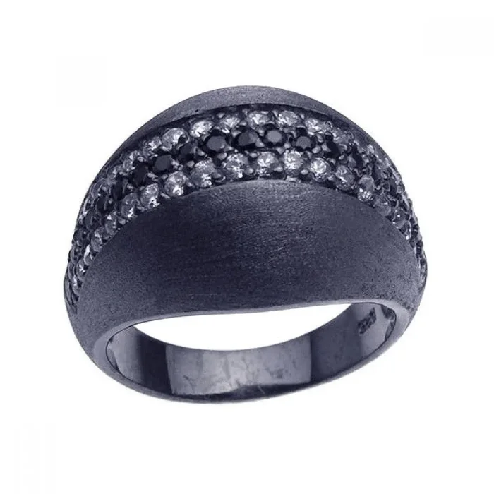 Clearance-Silver 925 Black Rhodium Plated Matte Finish Black and Clear CZ Ring – STR00616