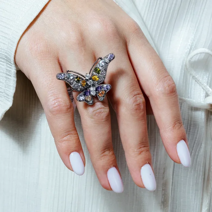 Clearance-Silver 925 Black Rhodium Plated Multi Colored CZ Butterfly Ring – STR00845