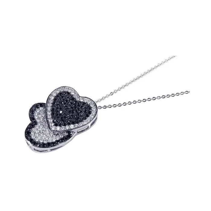 Clearance-Silver 925 Clear Black CZ Rhodium Plated Double Heart Pendant Necklace – BGP00101
