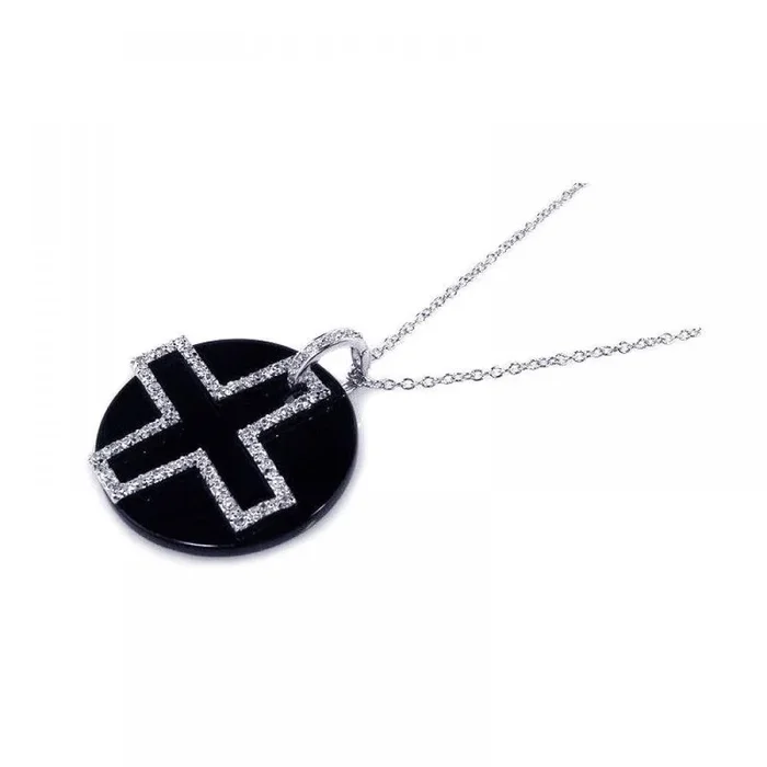 Clearance-Silver 925 Clear CZ and Onyx Rhodium Plated Cross Pendant Necklace – BGP00124