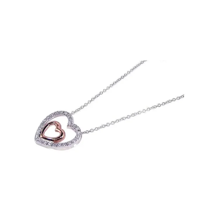 Clearance-Silver 925 Clear CZ Rhodium and Rose Gold Plated Heart Pendant Necklace – BGP00087
