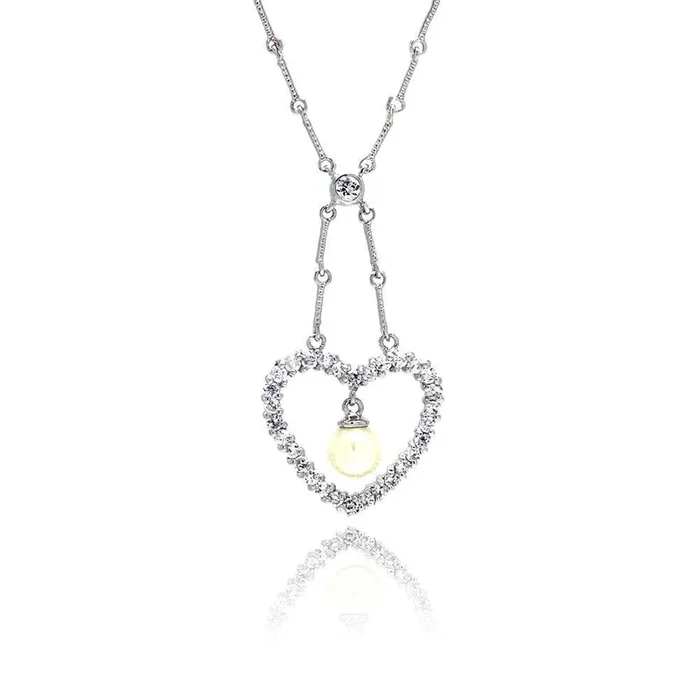 Clearance-Silver 925 Clear CZ Rhodium Plated Pearl Heart Pendant Necklace – BGP00026
