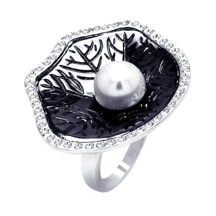 Clearance-Silver 925 Rhodium and Black Rhodium Plated 2 Toned Pearl Center Clear CZ Leaf Ring – BGR00328