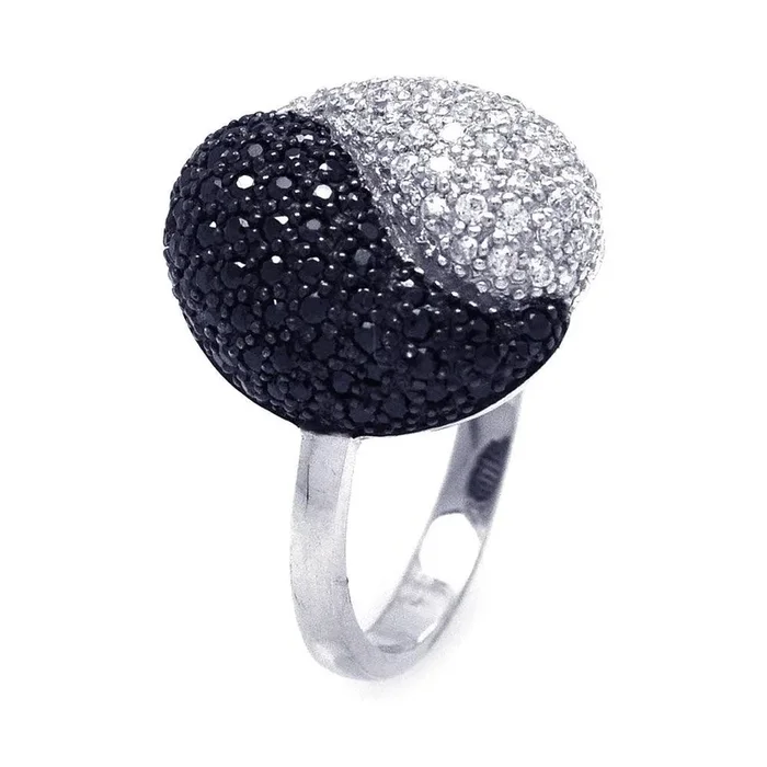Clearance-Silver 925 Rhodium and Black Rhodium Plated Black and Clear CZ Yin Yang Ring – STR00674