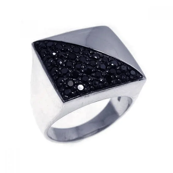 Clearance-Silver 925 Rhodium and Black Rhodium Plated Half Pave Set Black CZ Square Ring – STR00499