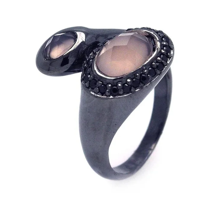 Clearance-Silver 925 Rhodium and Black Rhodium Plated Pink Center and Black Cluster CZ Ring – STR00672