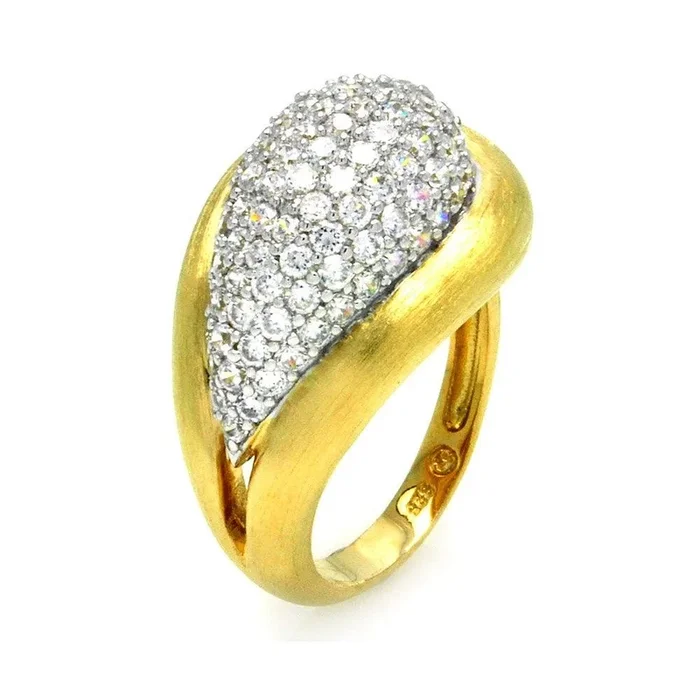 Clearance-Silver 925 Rhodium and Gold Plated 2 Toned Matte Finish Clear Pave Set CZ Teardrop Ring – BGR00285