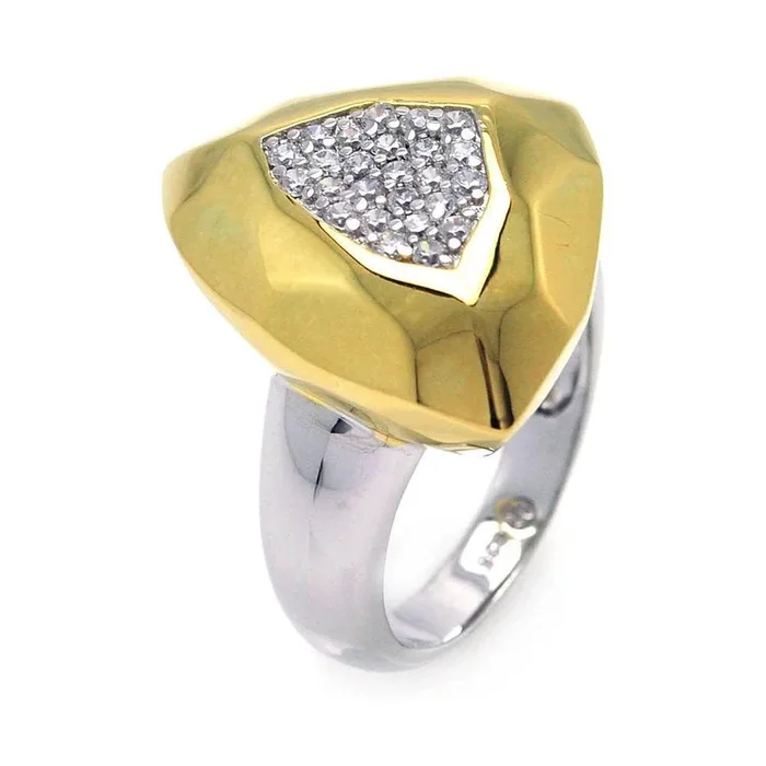 Clearance-Silver 925 Rhodium and Gold Plated 2 Toned Pave Set Clear CZ Hammered Ring – BGR00277