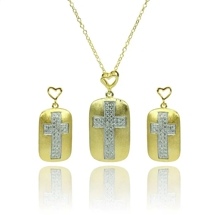 Clearance-Silver 925 Rhodium and Gold Plated Clear CZ Cross Center Open Heart Dangling Stud Earring and Necklace Set – BGS00382