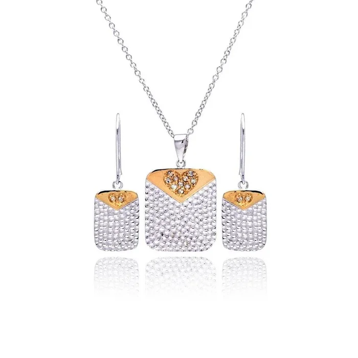 Clearance-Silver 925 Rhodium and Gold Plated Clear Heart Dog Tag CZ Dangling Stud Earring and Necklace Set – BGS00040