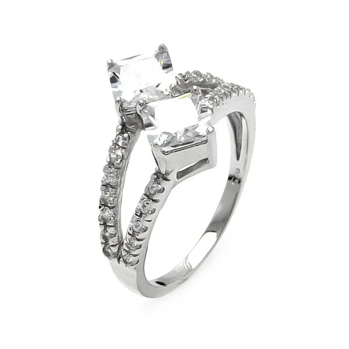 Clearance-Silver 925 Rhodium Plated 2 Princess Cut CZ Ring – STR00247