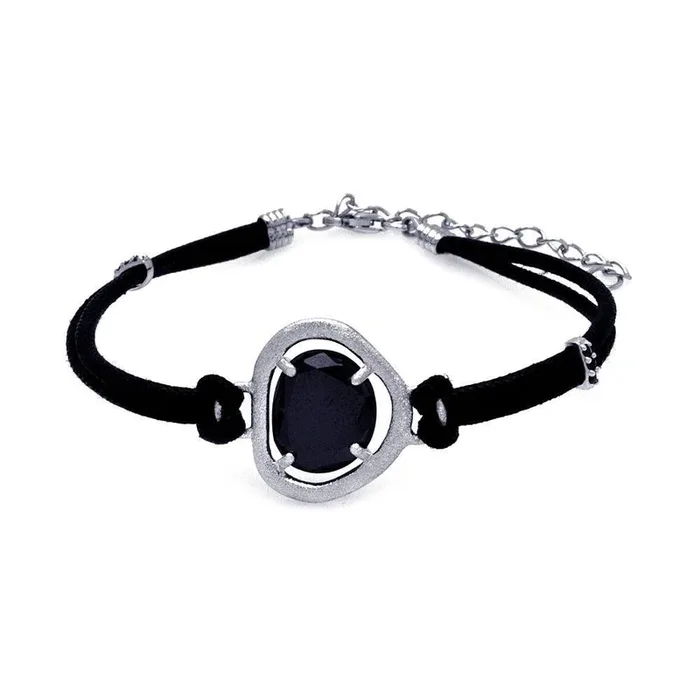 Clearance-Silver 925 Rhodium Plated Black CZ Black Leather Cord Bracelet – STB00437