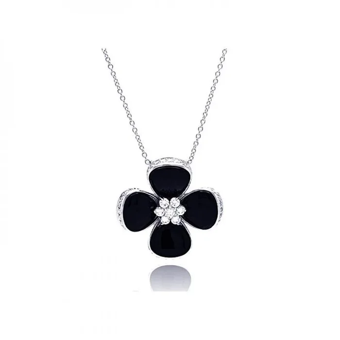 Clearance-Silver 925 Rhodium Plated Black Onyx Clover CZ Necklace – BGP00301