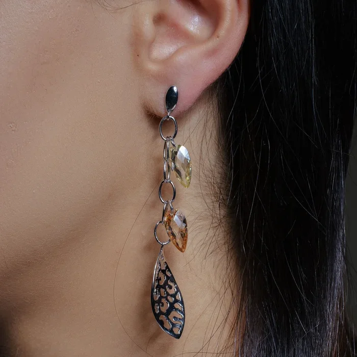 Clearance-Silver 925 Rhodium Plated Champagne and Clr Marquise CZ Flat Filigree Wire Dangling Earrings – STE00290CHM